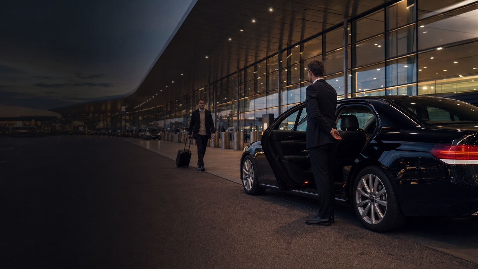 Private chauffeur waiting beside a premium vehicle at Charles de Gaulle Airport arrivals