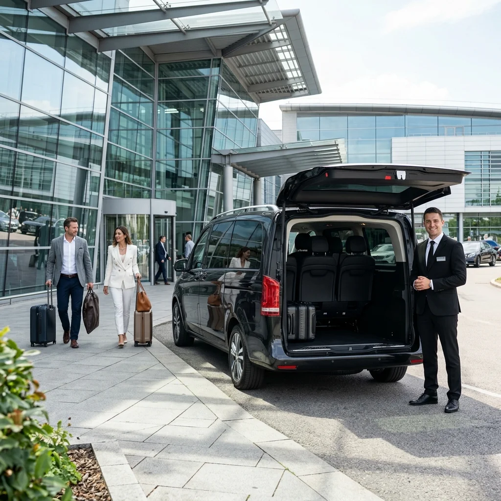 Black Mercedes S-Class and chauffeur outside Charles de Gaulle terminal
