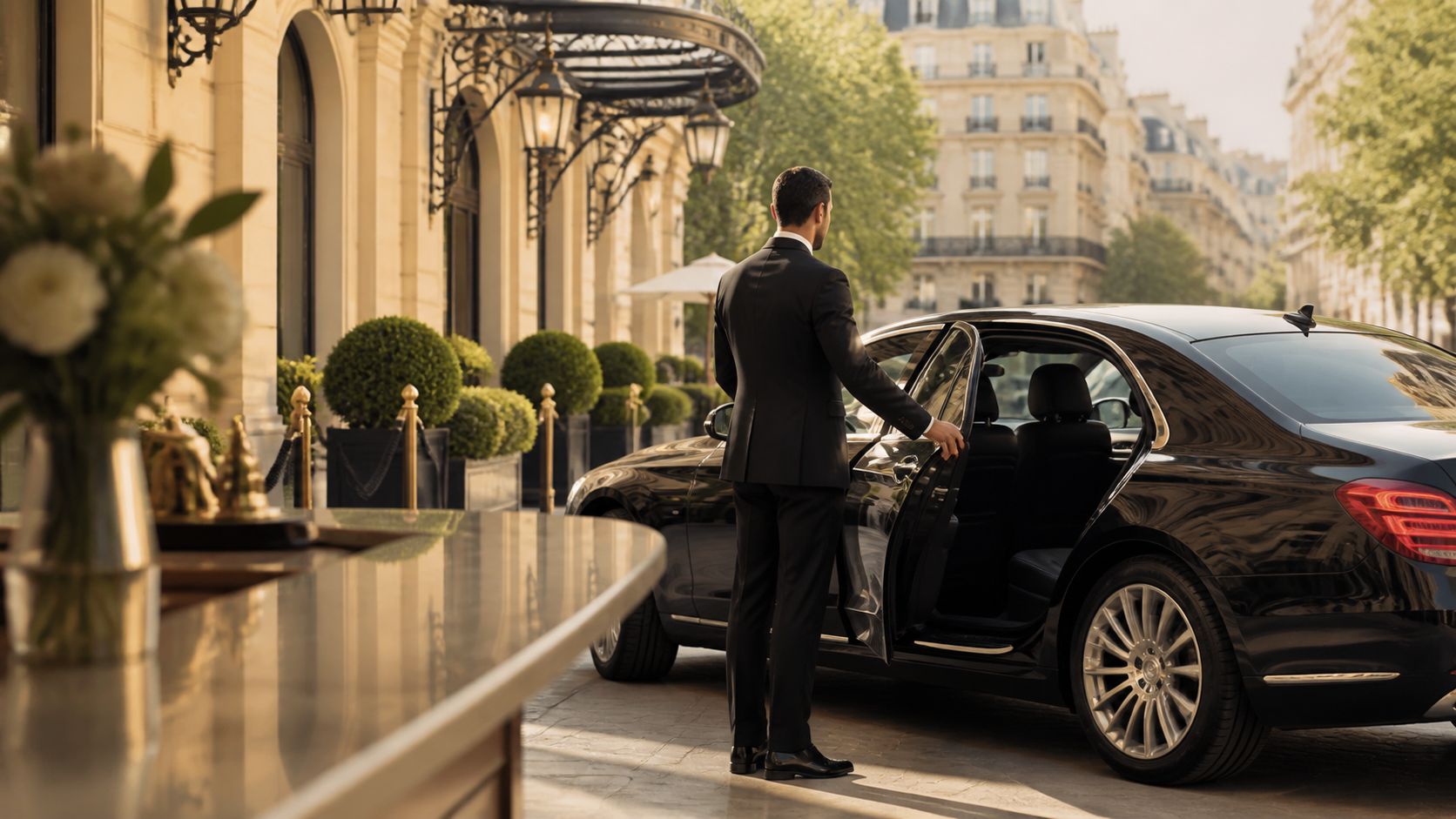 Prestige chauffeur waiting beside a luxury car in Paris