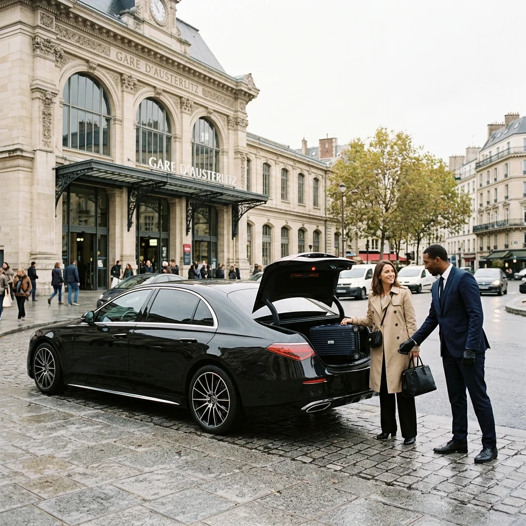Mercedes and chauffeur outside Gare d’Austerlitz