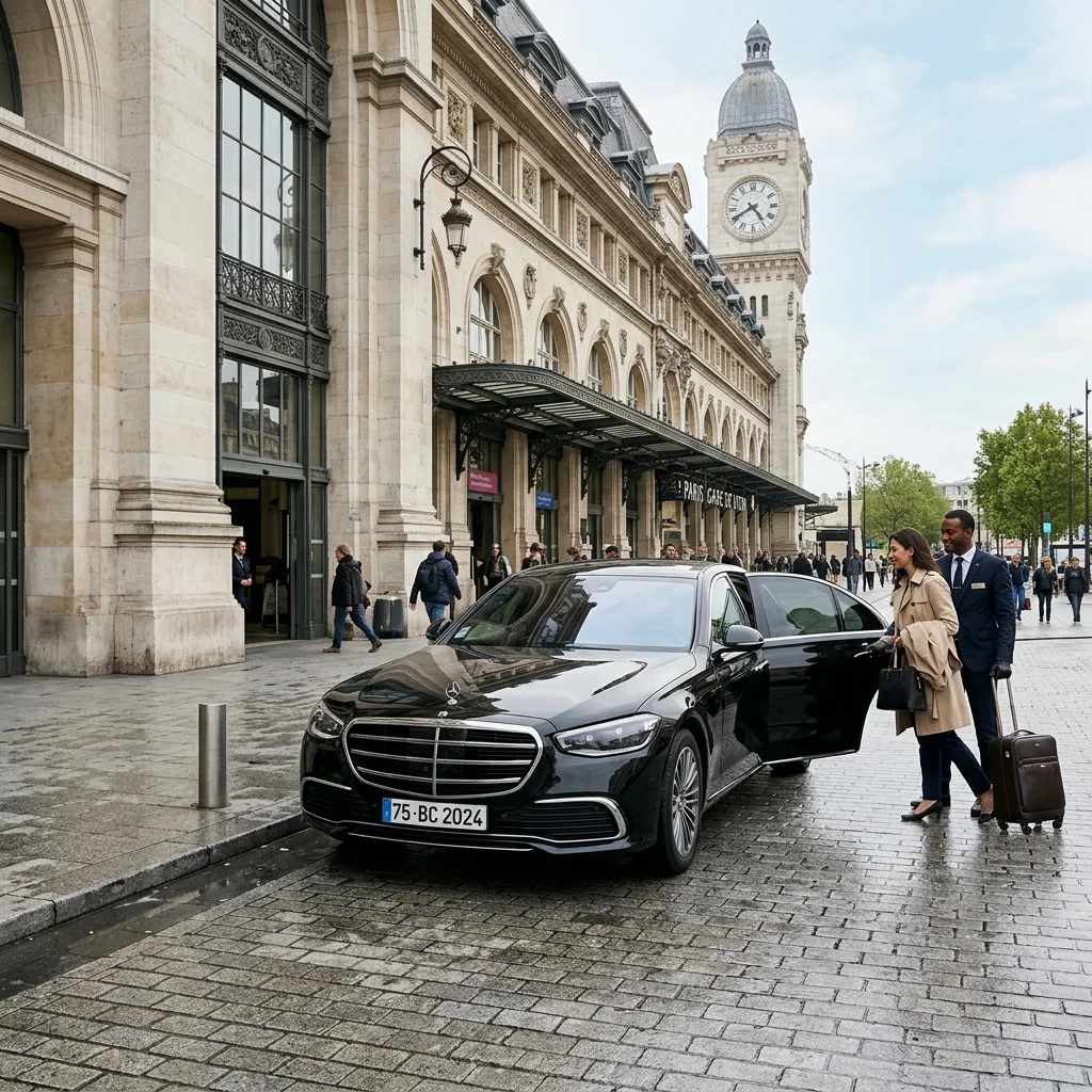 Black sedan outside Gare de Lyon with chauffeur