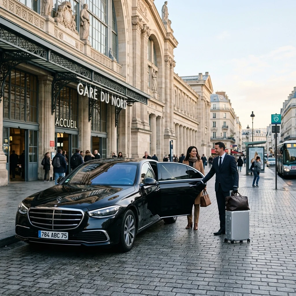 Private chauffeur and Mercedes outside Gare du Nord