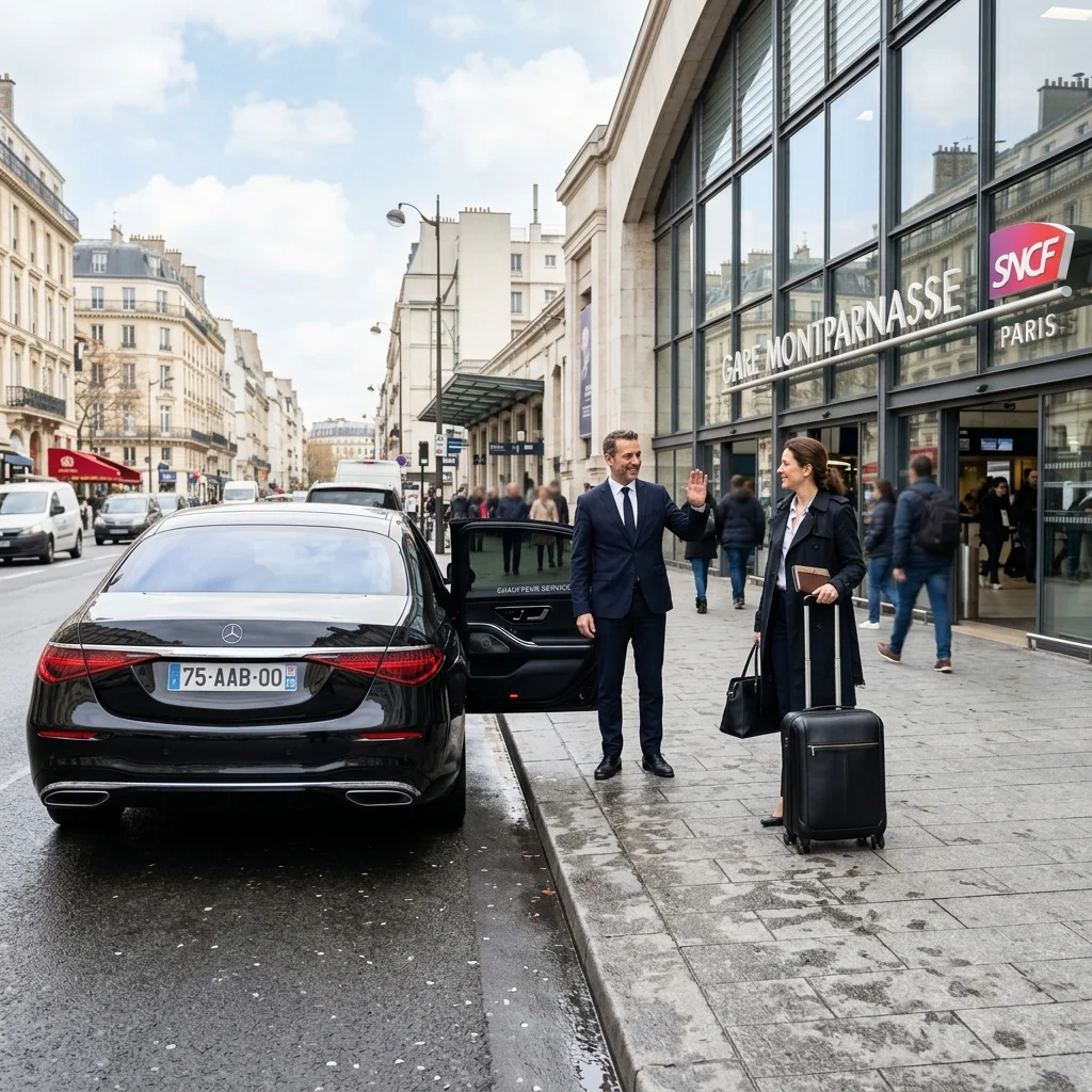 Mercedes and chauffeur at Gare Montparnasse