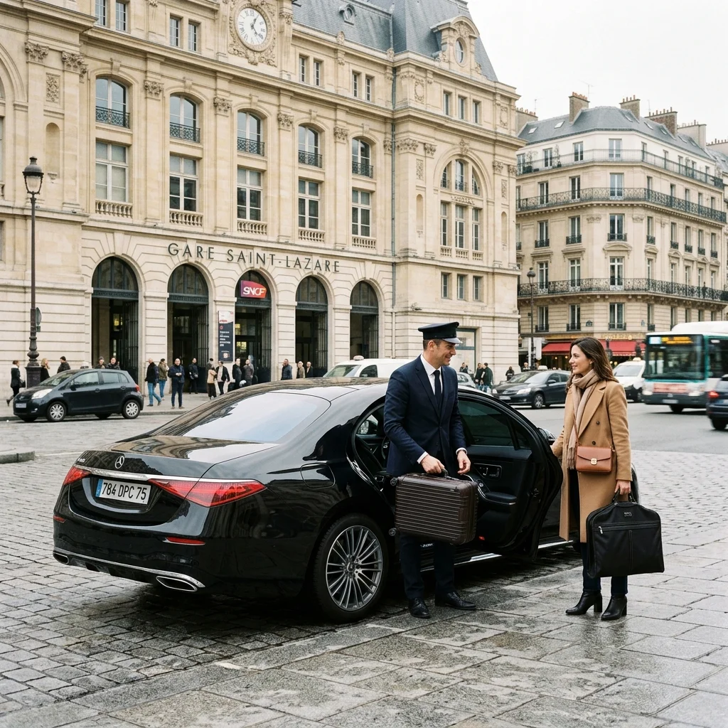 Chauffeur assisting a passenger at Gare Saint-Lazare