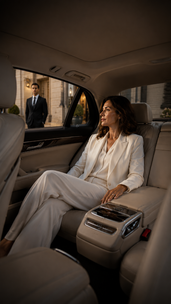 Femme d'affaires élégante dans une voiture de luxe avec chauffeur privé à Paris