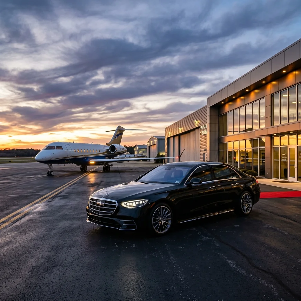 Mercedes S-Class next to a private jet at Le Bourget