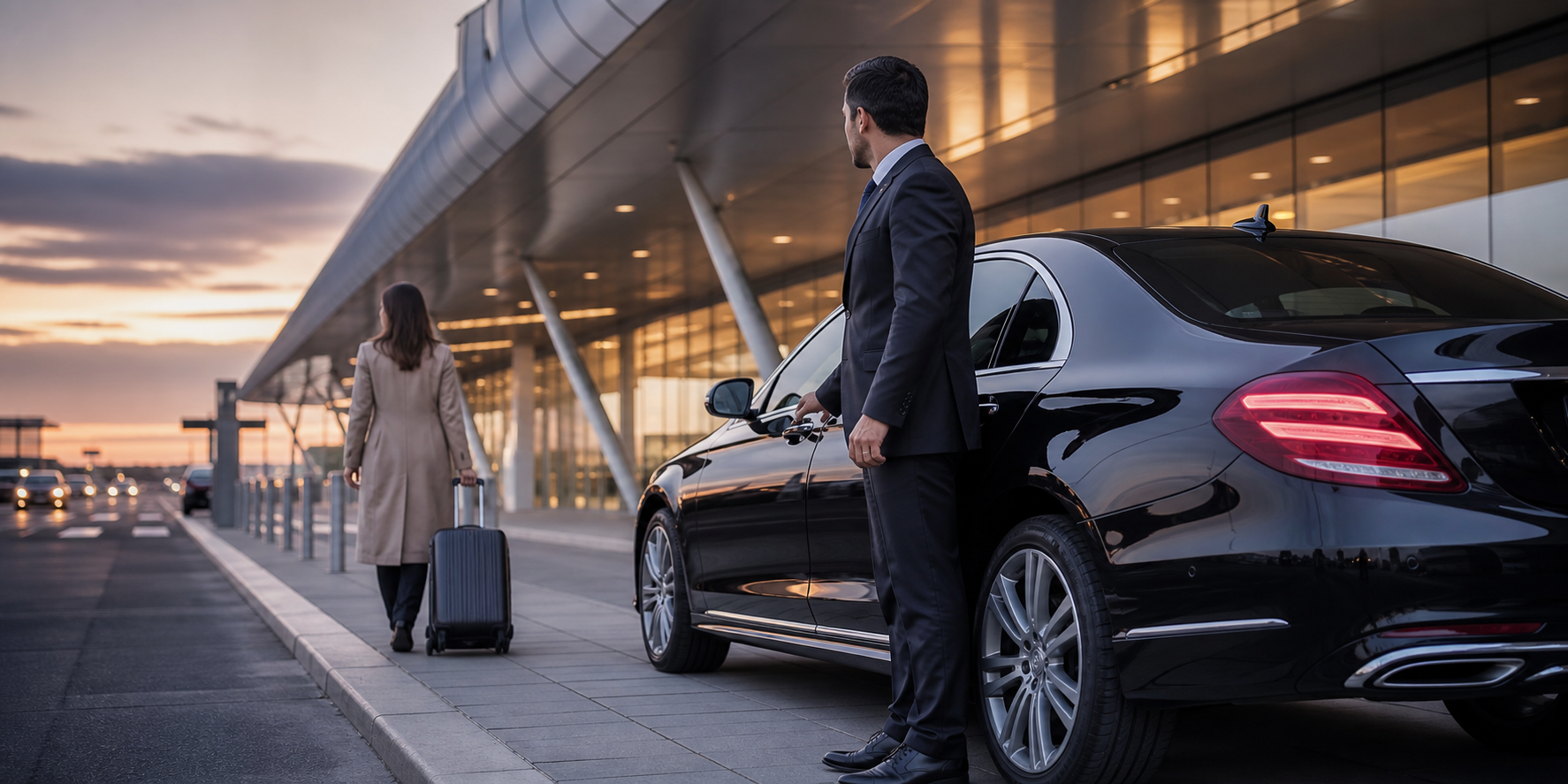 Private chauffeur waiting beside a premium vehicle at Orly Airport arrivals