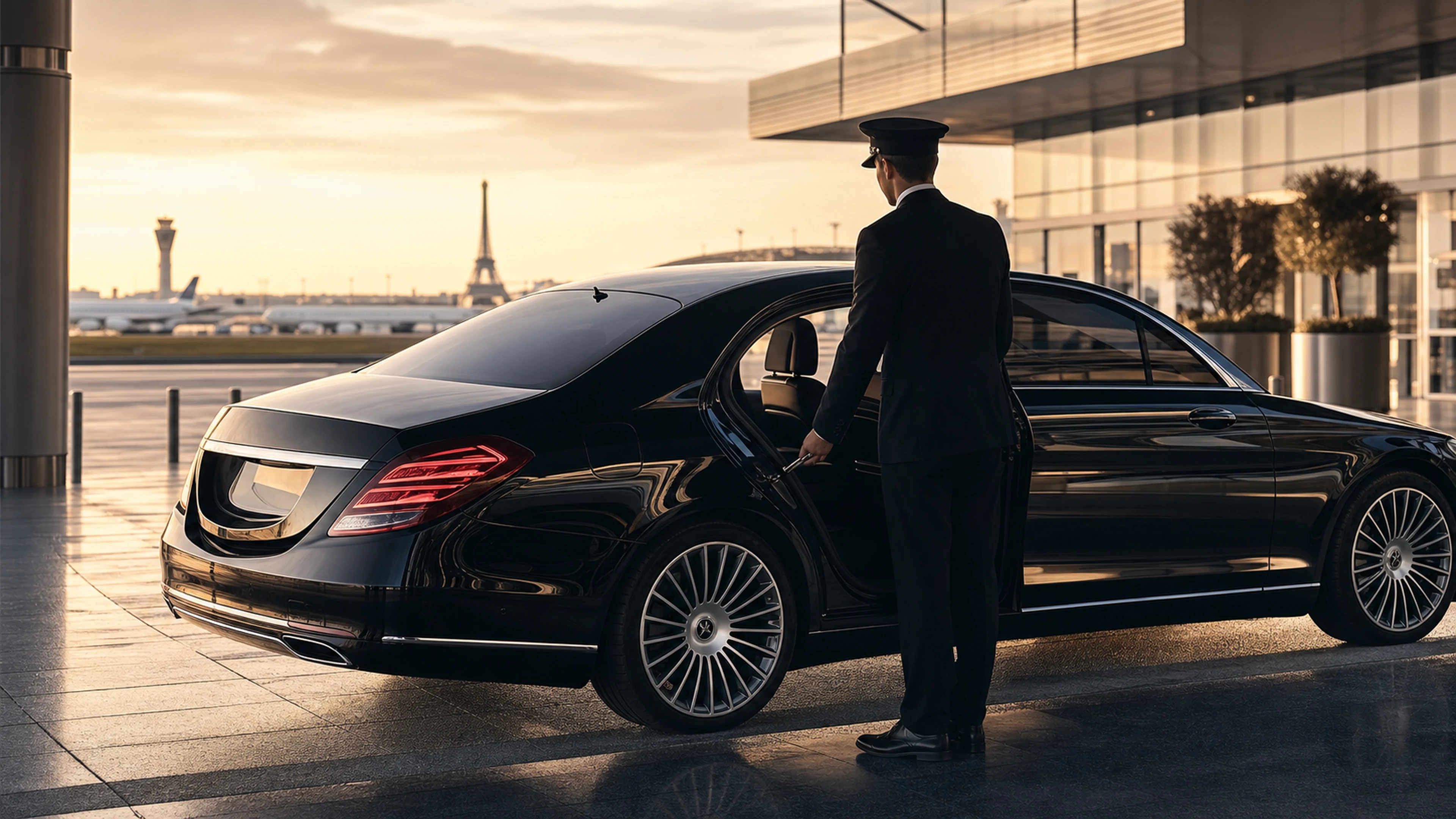 Luxury airport transfer chauffeur opening a black premium car in Paris