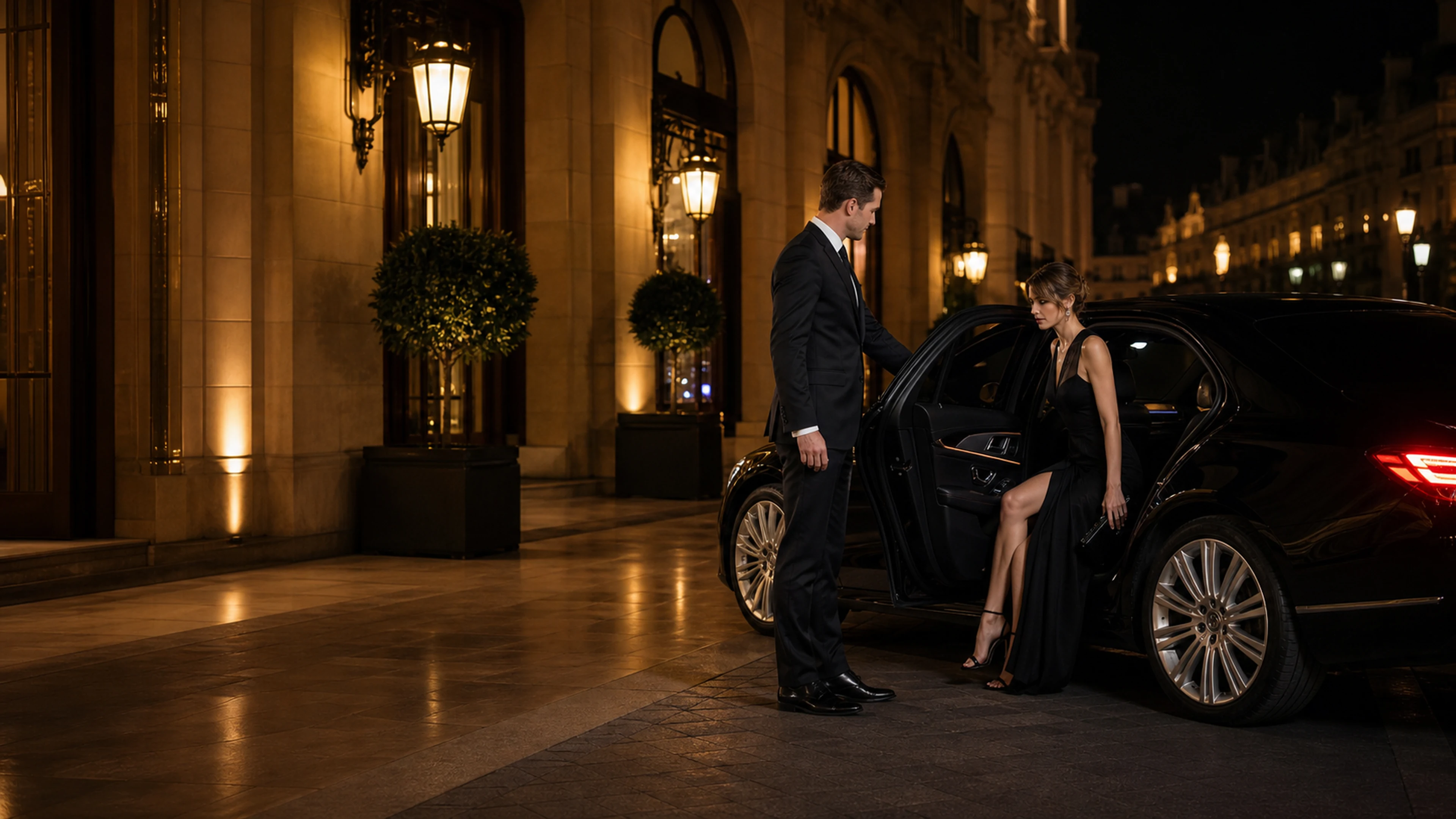 VIP event chauffeur arrival at a luxury Paris hotel